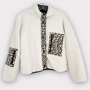 RAILS Women's Dean NWT Teddy Bear Fleece Leopard-Print Trim Jacket- size M Cozy